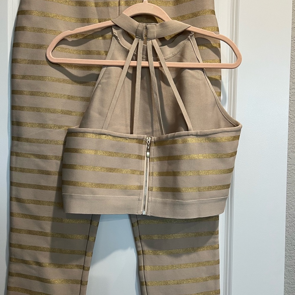 Elegant Gold Striped Halter Top and Pants.